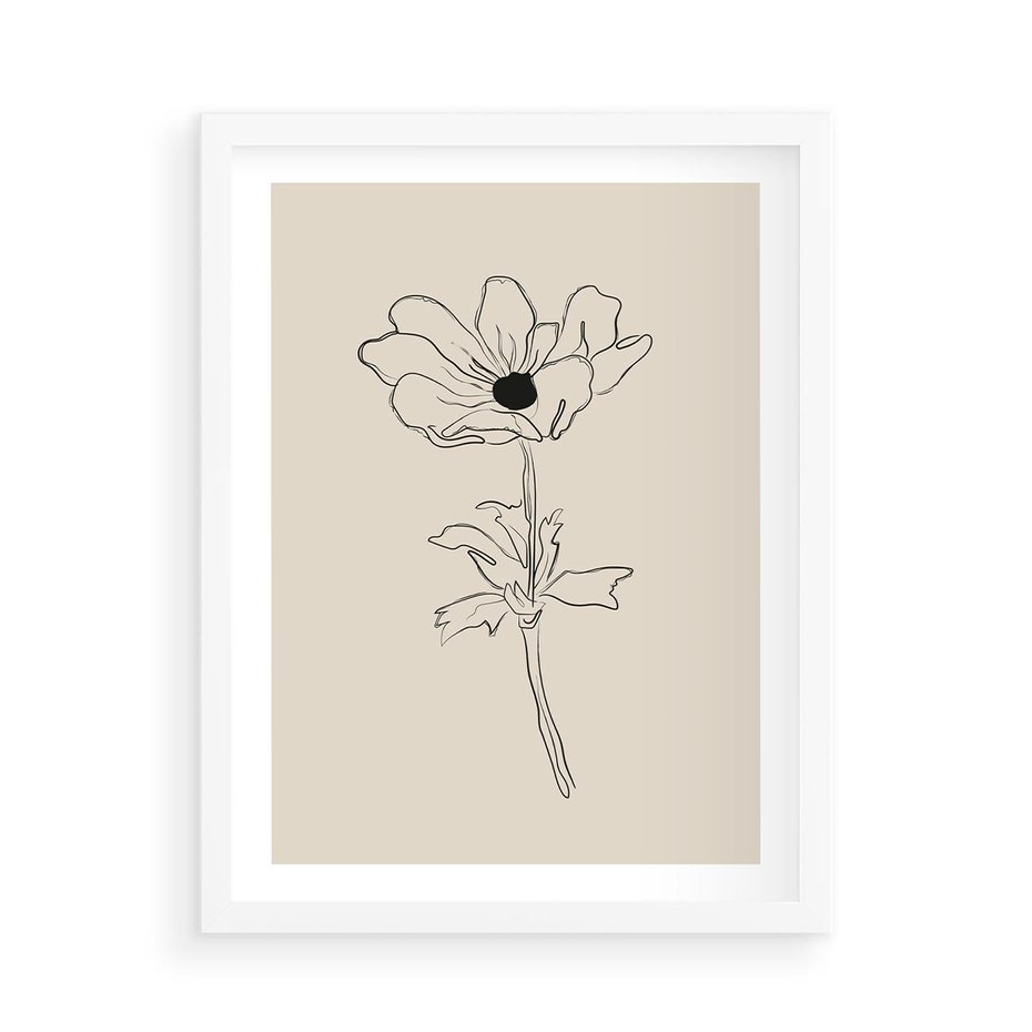 Plakat w ramie 50x70 - Przenikający Dialog - szkic kwiatu, mnimalistyczny szkic - rama biała