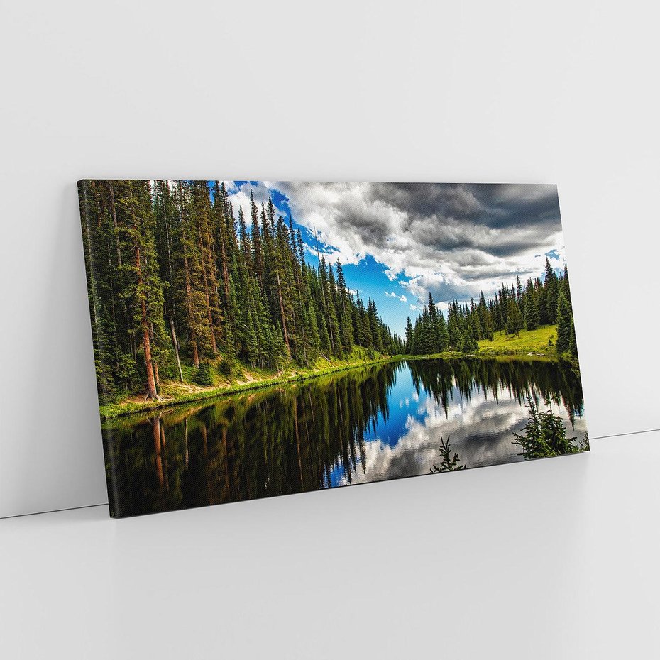 Obraz na płótnie 100x50 - Spokój nad jeziorem wśród lasu - las, jezioro