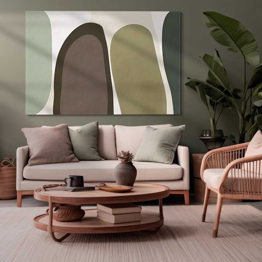 Obraz na płótnie 70x50 - Fale w Zieleni - abstrakcyjne kształty, zgaszona zieleń