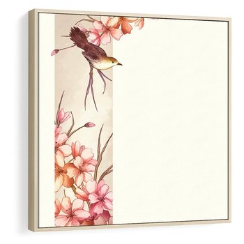 Obraz w ramie 80x80 - Rozkwitające Marzenia - japońska sztuka, ptak - rama drewno