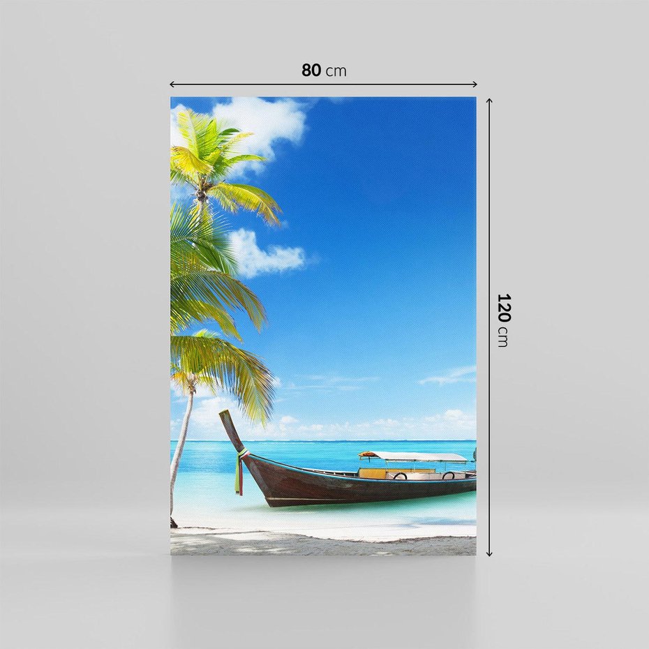 Obraz na płótnie 80x120 - Sielska plaża z łodzią na morzu - plaża, morze