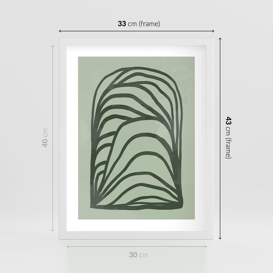 Plakat w ramie 30x40 - Zielonkawy Uścisk Natury - abstrakcyjny zielony motyw, skandynawski design - rama biała