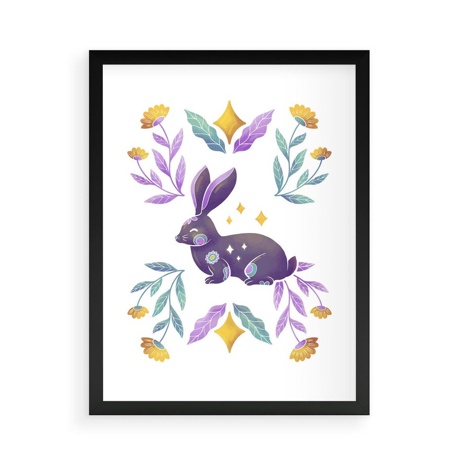 Plakat w ramie 50x70 - Boho Wiatr - boho plakat, królik - rama czarna