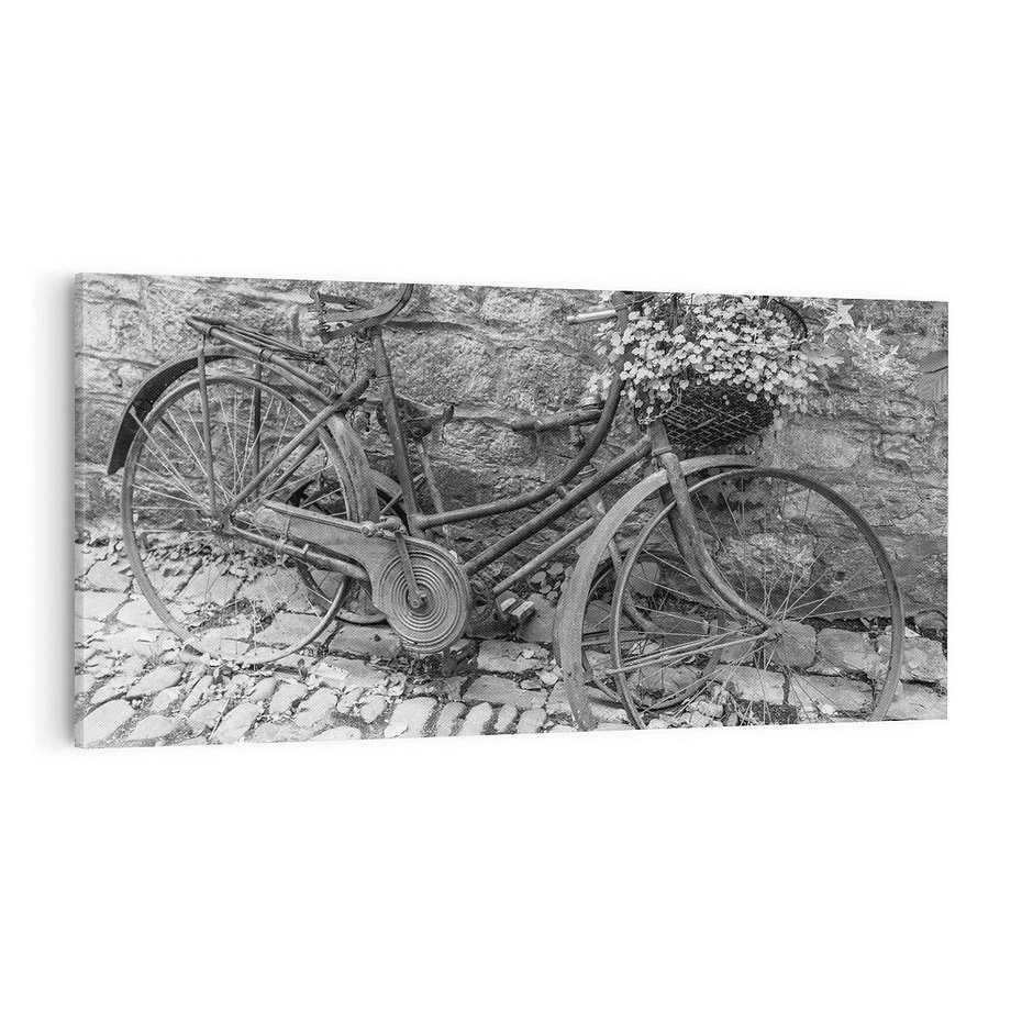 Obraz na płótnie 140x70 - Zapomniany Urok - czarno biała fotografia, stary rower oparty o mur