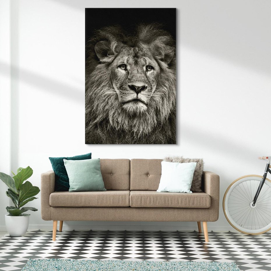 Obraz na płótnie 80x120 - Moc lewego spojrzenia - lew, czarno