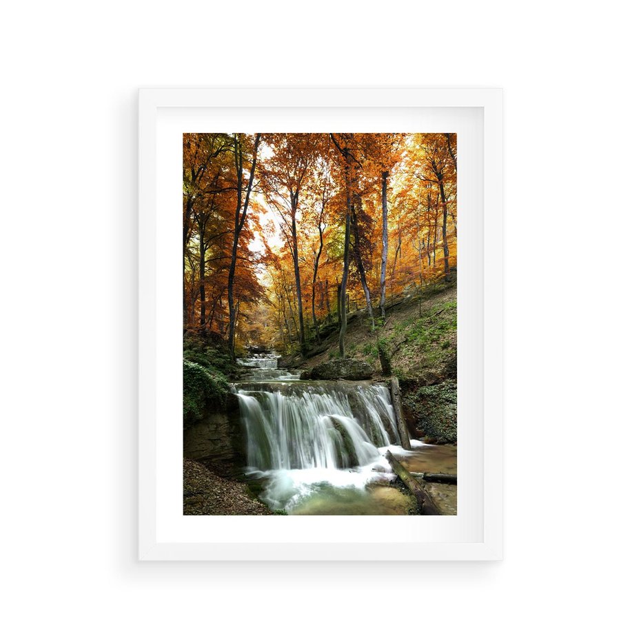 Plakat w ramie 30x40 - Jesienny wodospad w lesie - wodospad, las - rama biała
