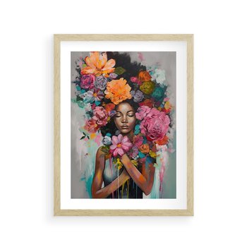 Plakat w ramie 50x70 - Z Głową w Kwiatach - obraz olejny, sztuka nowoczesna - rama drewno