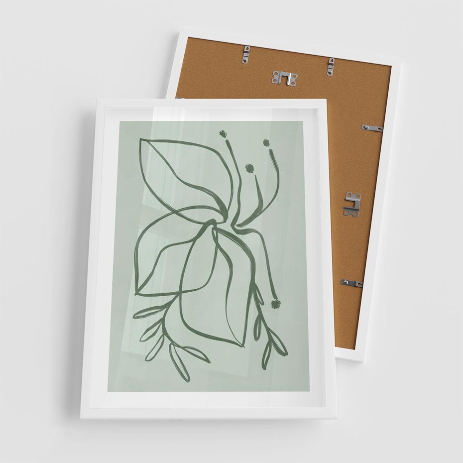 Plakat w ramie 50x70 - Energetyczne Odrodzenie Natury - abstrakcyjne delikatne zielone linie, podobne do gałęzi kwiatów - rama biała