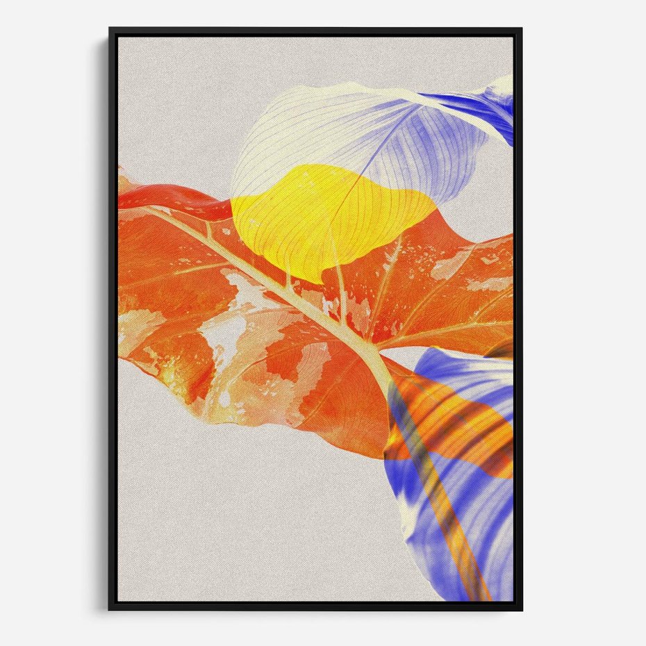 Obraz w ramie 50x70 - Energetyczne Indygo - retro, tropikalne liście - rama czarna