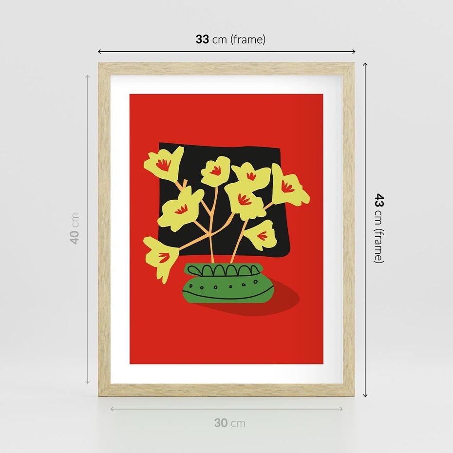 Plakat w ramie 30x40 - Abstrakcyjne Przenikanie - abstrakcyjne kwiaty, czerwone tło - rama drewno