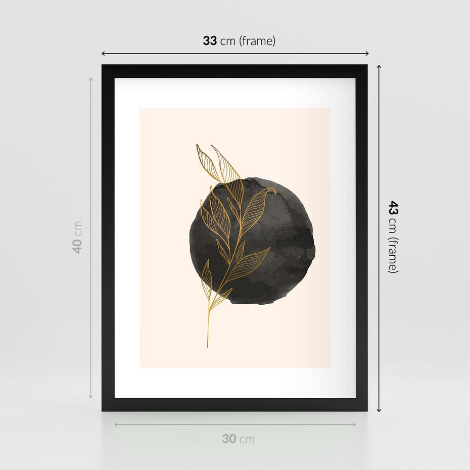 Plakat w ramie 30x40 - Złota Gałązka na Tle Akwarelowej Ciemności - złota gałązka, czarna plama akwarelowa w tle - rama czarna