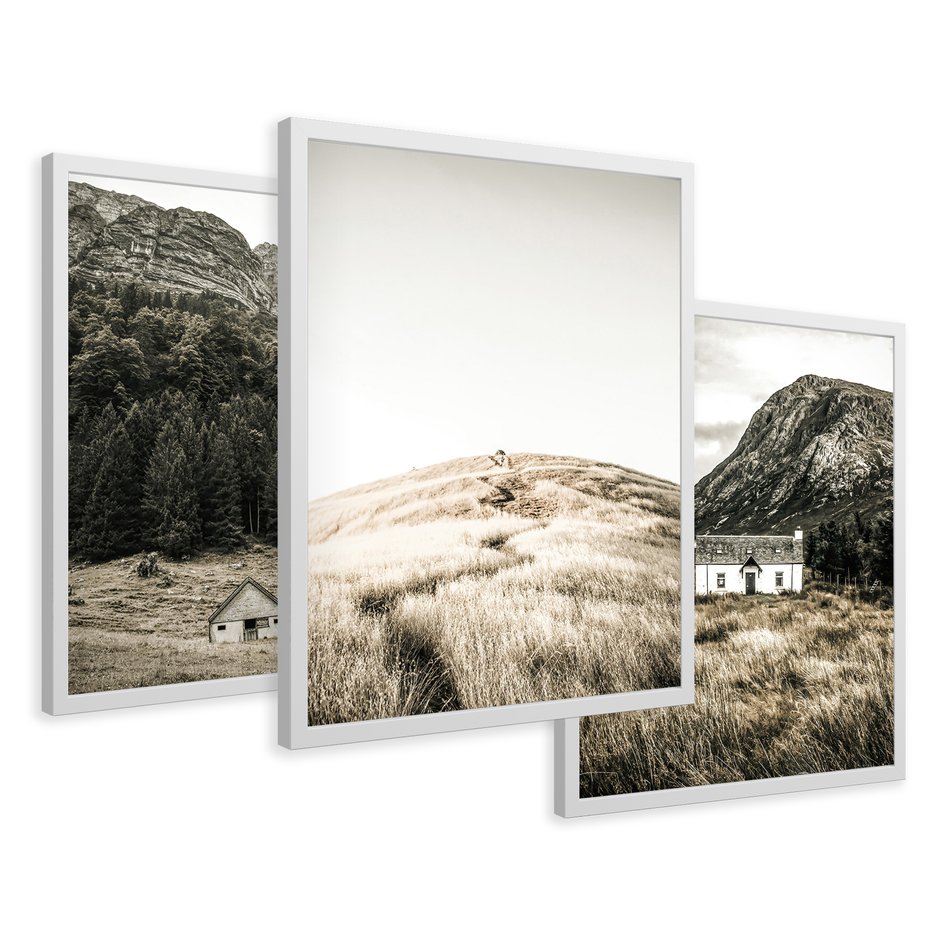 Zestaw obrazy w ramie 50x70 galeria - Górskie, domki, łąki, sepia - rama biała