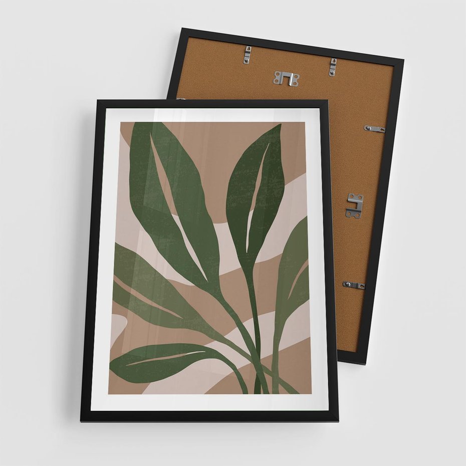 Plakat w ramie 50x70 - Nowoczesność Natury: Plakat z Zielonymi Liśćmi - nowoczesny plakat, beż - rama czarna