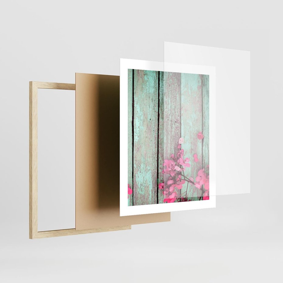 Plakat w ramie 40x50 - Urok Dawnych Czasów - kwiaty, deski - rama drewno