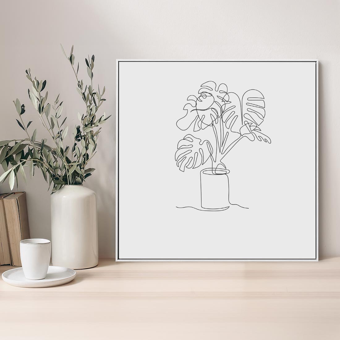 Obraz w ramie 50x50 - Tajemnicza Harmonia - sztuka one line, monstera - rama biała