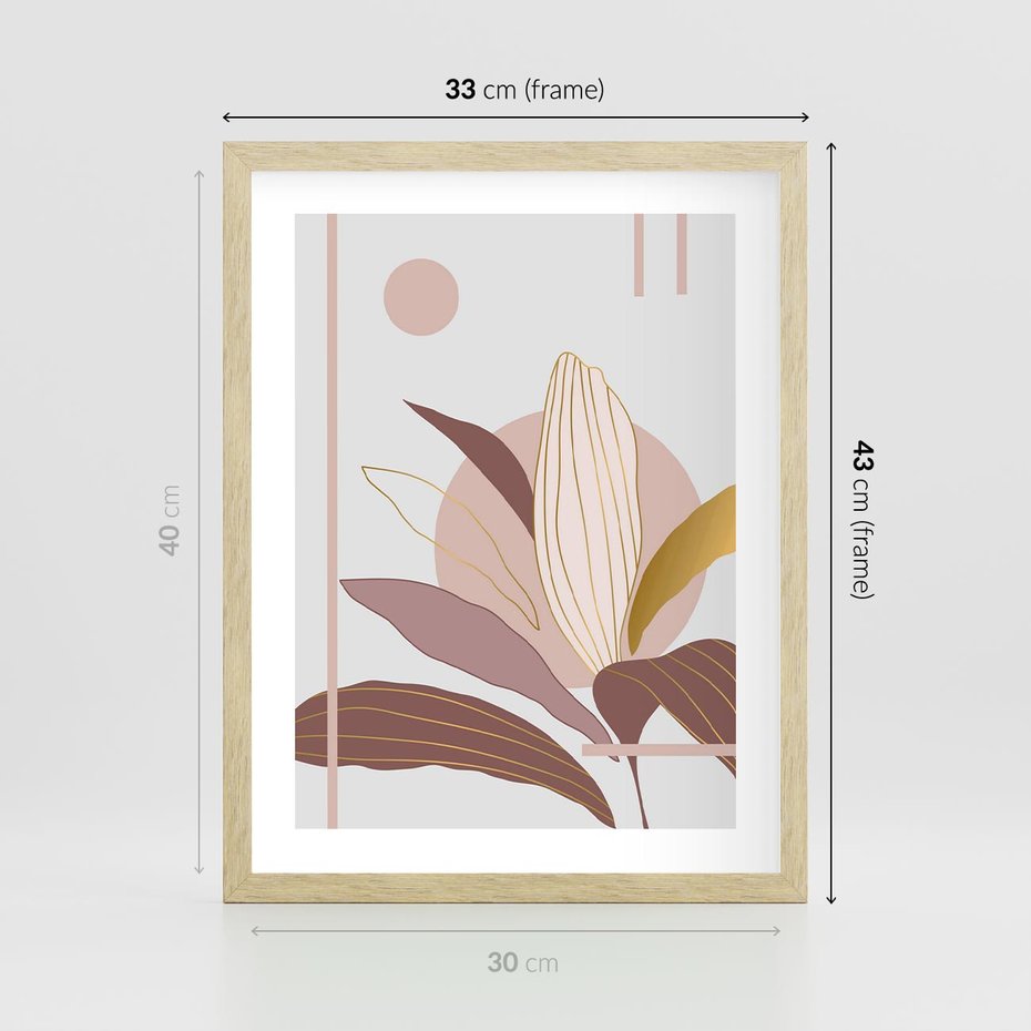 Plakat w ramie 30x40 - Pastelowa Uroda Natury: Kwiat z Złotymi Akcentami - pastelowa grafika, kwiat - rama drewno