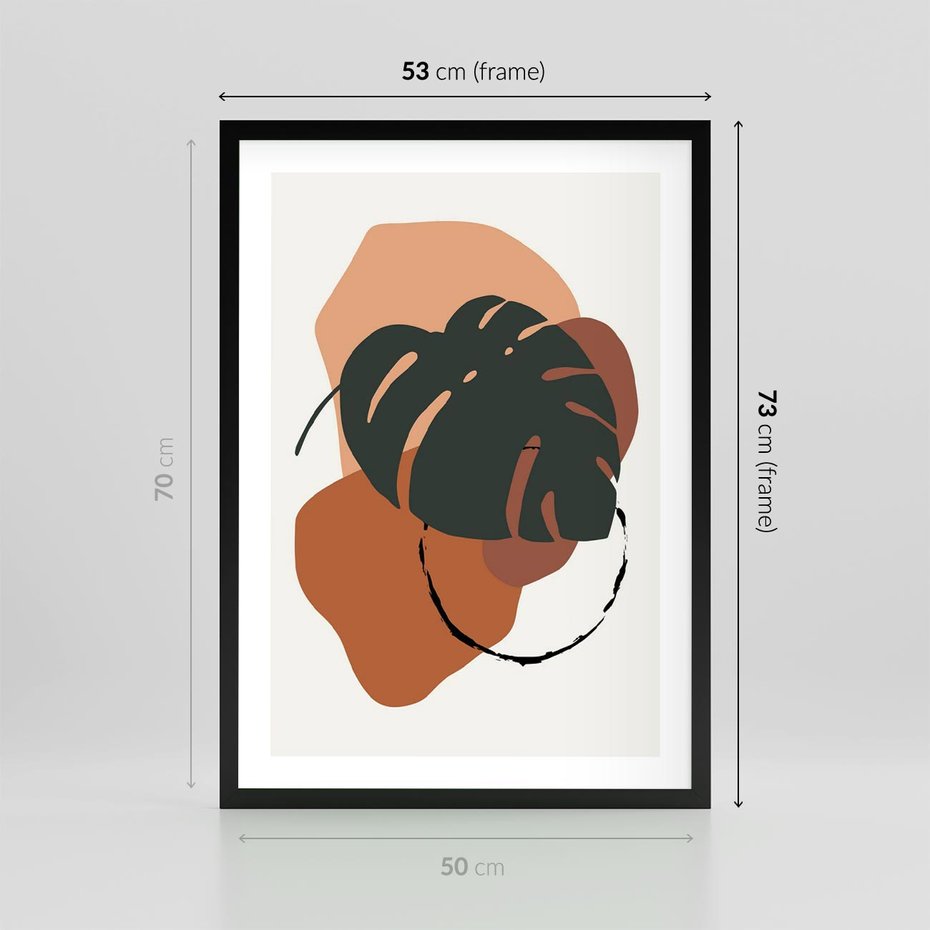 Plakat w ramie 50x70 - Brązowa Ekspresja - liść monstery, boho obraz - rama czarna