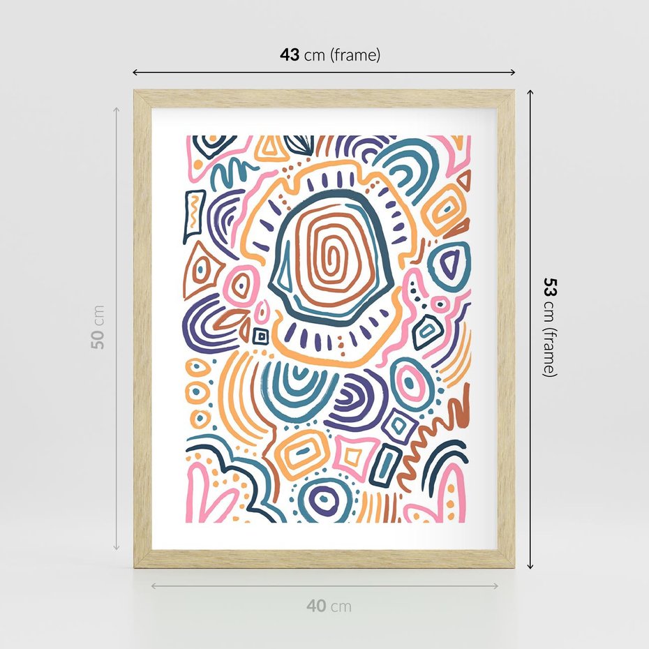 Plakat w ramie 40x50 - Strukturalne Odbicia Boho - kolorowe etniczne wzory, tęczowe żywe kolory - rama drewno