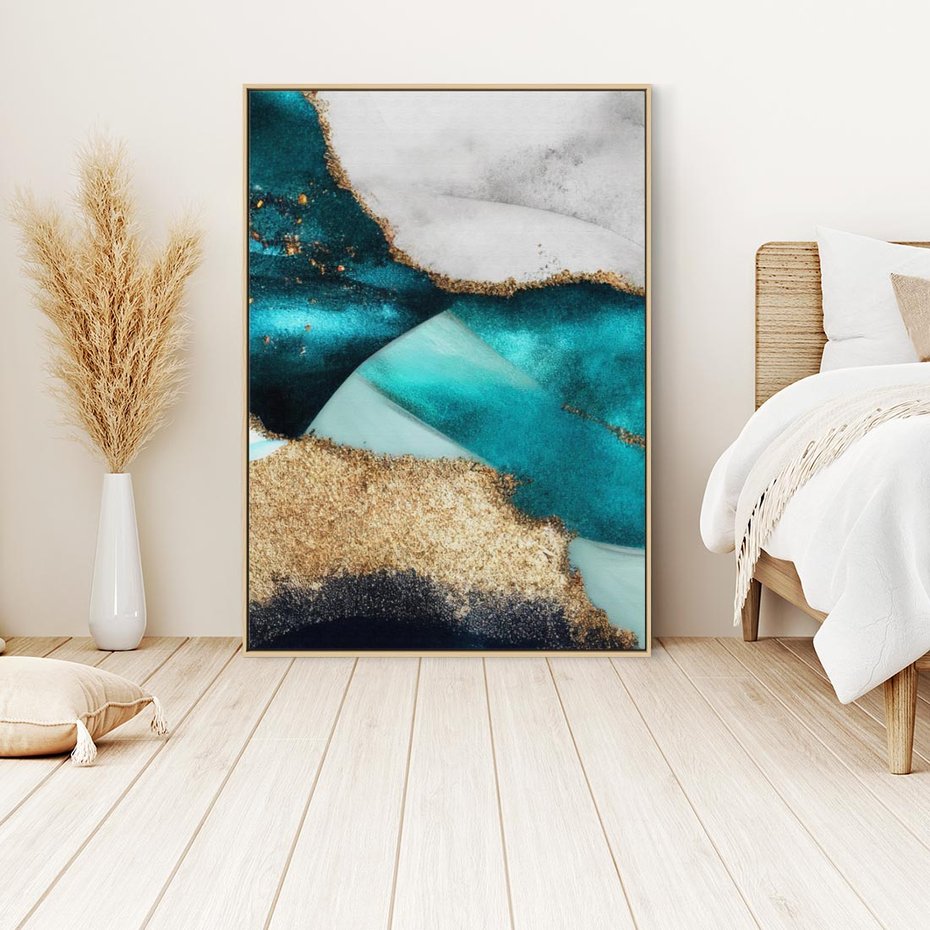 Obraz w ramie 50x70 - Rozlane Turkusy - Turkusowe plamy, złote elementy - rama drewno