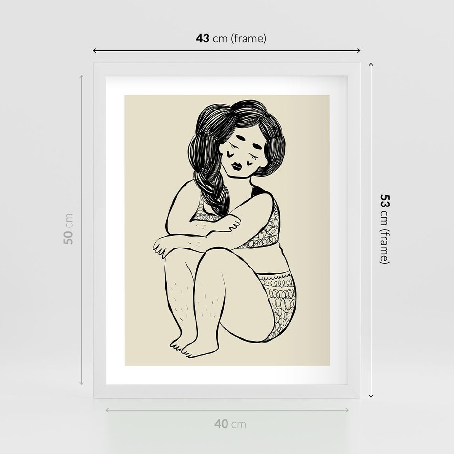 Plakat w ramie 40x50 - Migotliwe Refleksje - nowoczesny minimalistyczny rysunek, dziewczyna w bieliźnie - rama biała