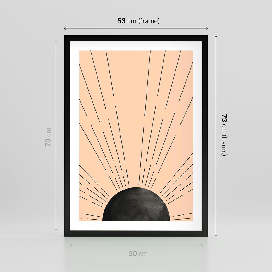 Plakat w ramie 50x70 - Migocące Kształty Promieni - boho czarne słońce, nowoczesna grafika - rama czarna