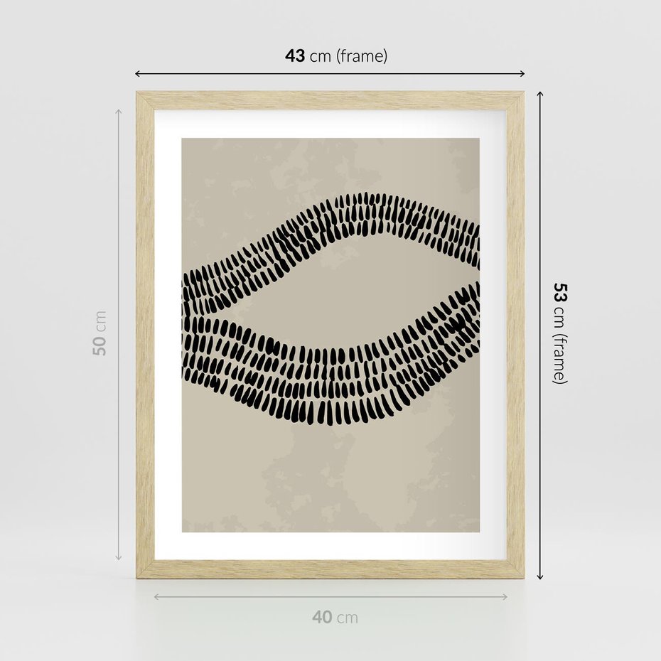 Plakat w ramie 40x50 - Kontury Ewolucji Materii - boho plakat, czarne kropki kreski - rama drewno