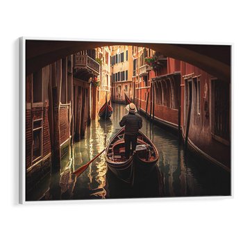 Obraz w ramie 70x50 - Spokojna Wenecja - gondolier w gondoli, kanały Wenecji - rama biała