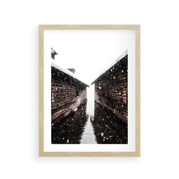 Plakat w ramie 30x40 - Spadający Śnieg - domek górski, w zimie - rama drewno