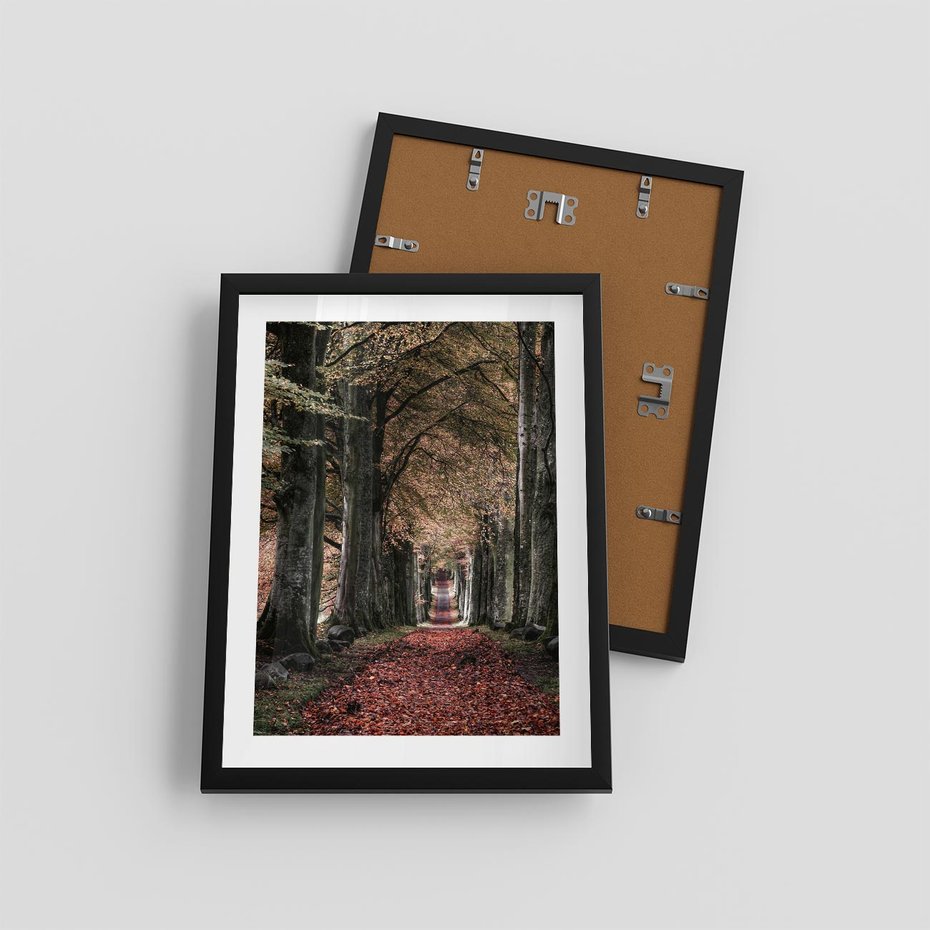 Plakat w ramie 30x40 - Spacer po Leśnej Drodze - ścieżka w lesie, jesień suche liście - rama czarna