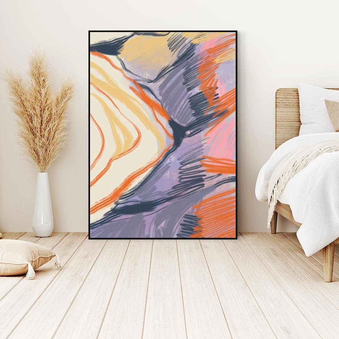 Obraz w ramie 70x100 - Pokreślony Świat - abstrakcyjne formy, odcienie pomarańczu i fioletu - rama czarna