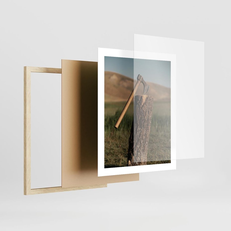 Plakat w ramie 40x50 - Lasowa siła w drewnie - las, siekiera - rama drewno