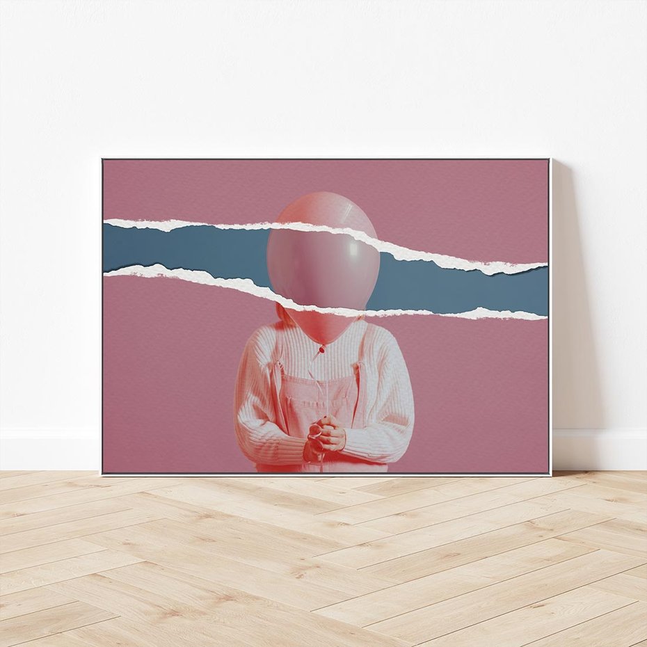 Obraz w ramie 70x50 - Kolaż Wyobraźni - kolaż zdjęć, styl retro - rama biała