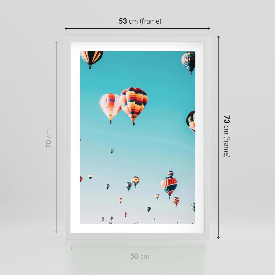 Plakat w ramie 50x70 - Balonowa Ekscytacja - balony latają w powietrzu, wyścigi balonów - rama biała