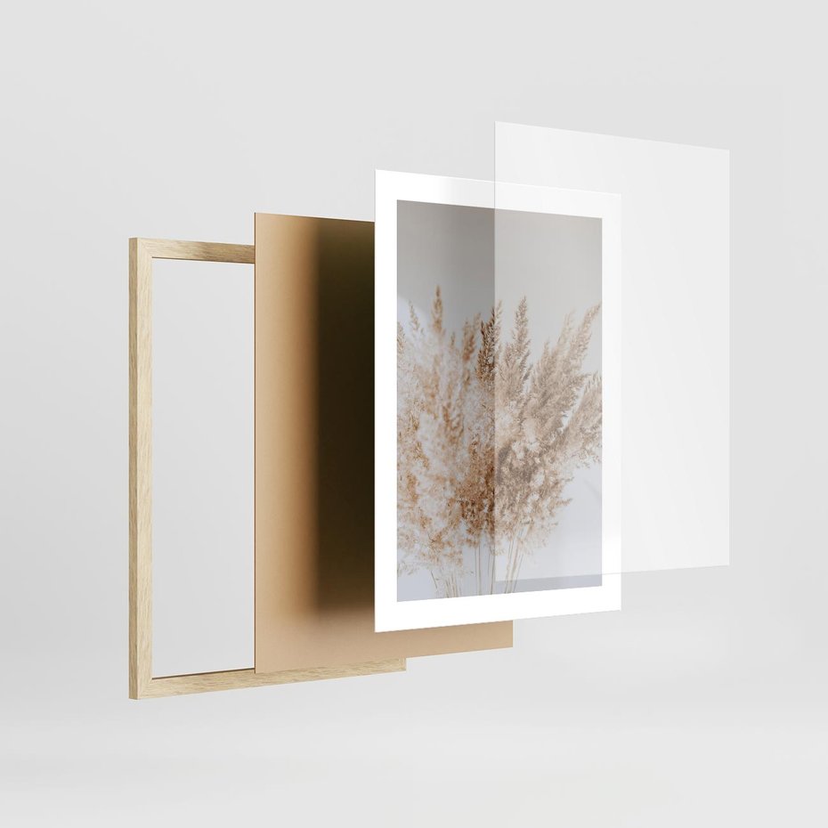 Plakat w ramie 30x40 - Boho Urok Traw Pampasowych - suche trawy, pampas - rama drewno