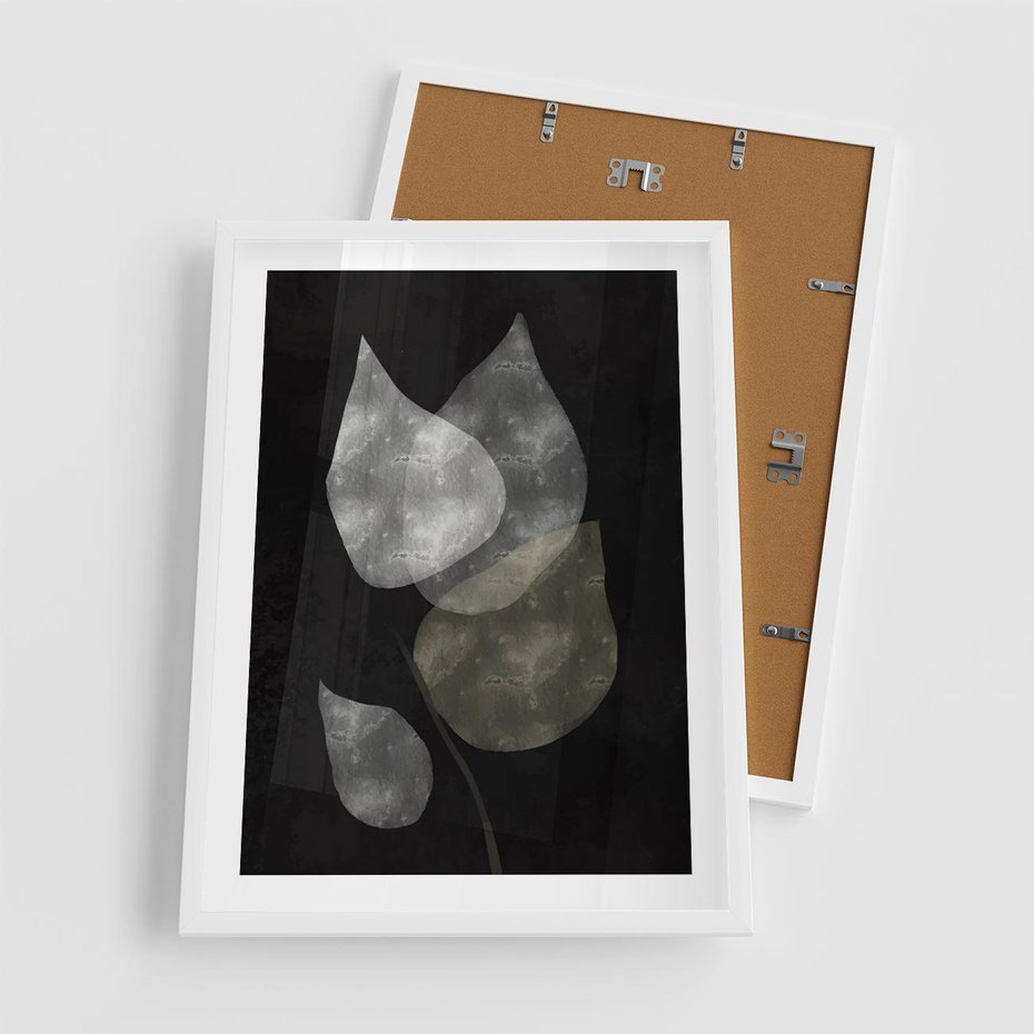 Plakat w ramie 50x70 - Mroczne Złudzenia - abstrakcyjne liście, mroczna atmosfera - rama biała