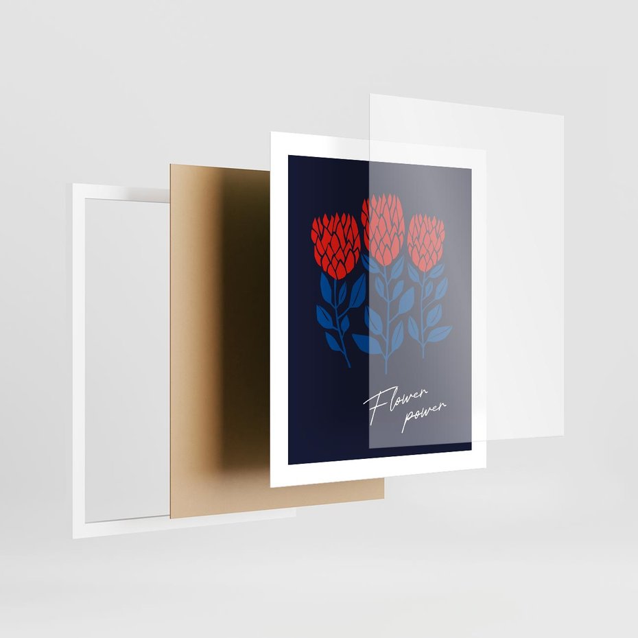 Plakat w ramie 40x50 - Podróżne Barwy - czerwone abstrakcyjne kwiaty, granatowe tło - rama biała