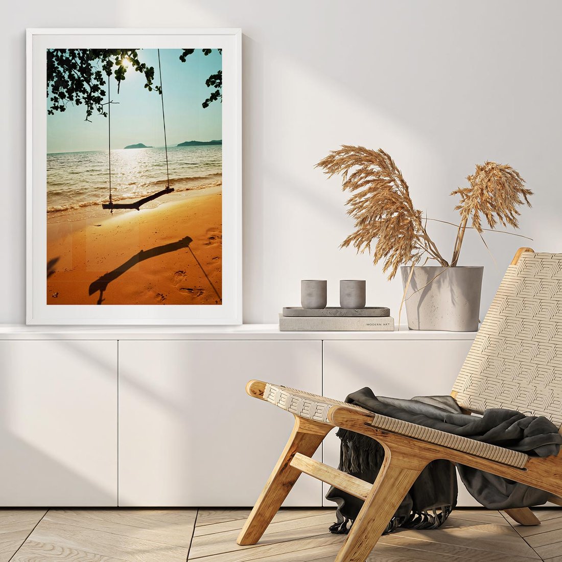 Plakat w ramie 40x50 - Tropikalna plaża i huśtawka - plaża, tropiki - rama biała