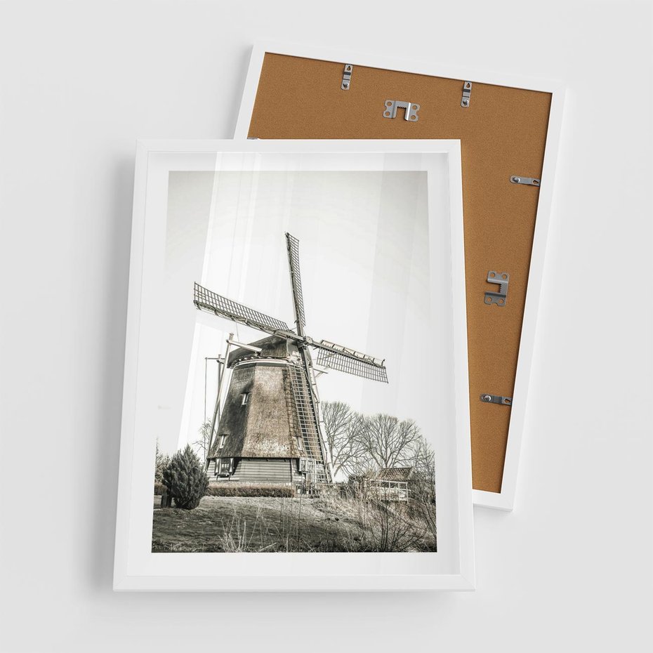 Plakat w ramie 50x70 - Wiejska Idylla z Młynem - wiatrak, młyn - rama biała