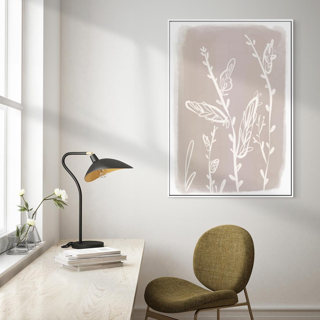 Obraz w ramie 70x100 - Roślinne Przeniknięcia - nowoczesny subtelny plakat, beżowy - rama biała
