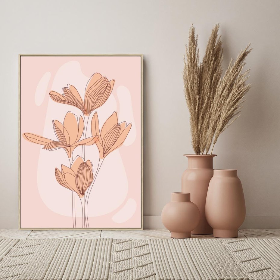 Obraz w ramie 50x70 - Przenikające Kształty - minimalistyczny plakat, pudrowe kwiaty - rama drewno