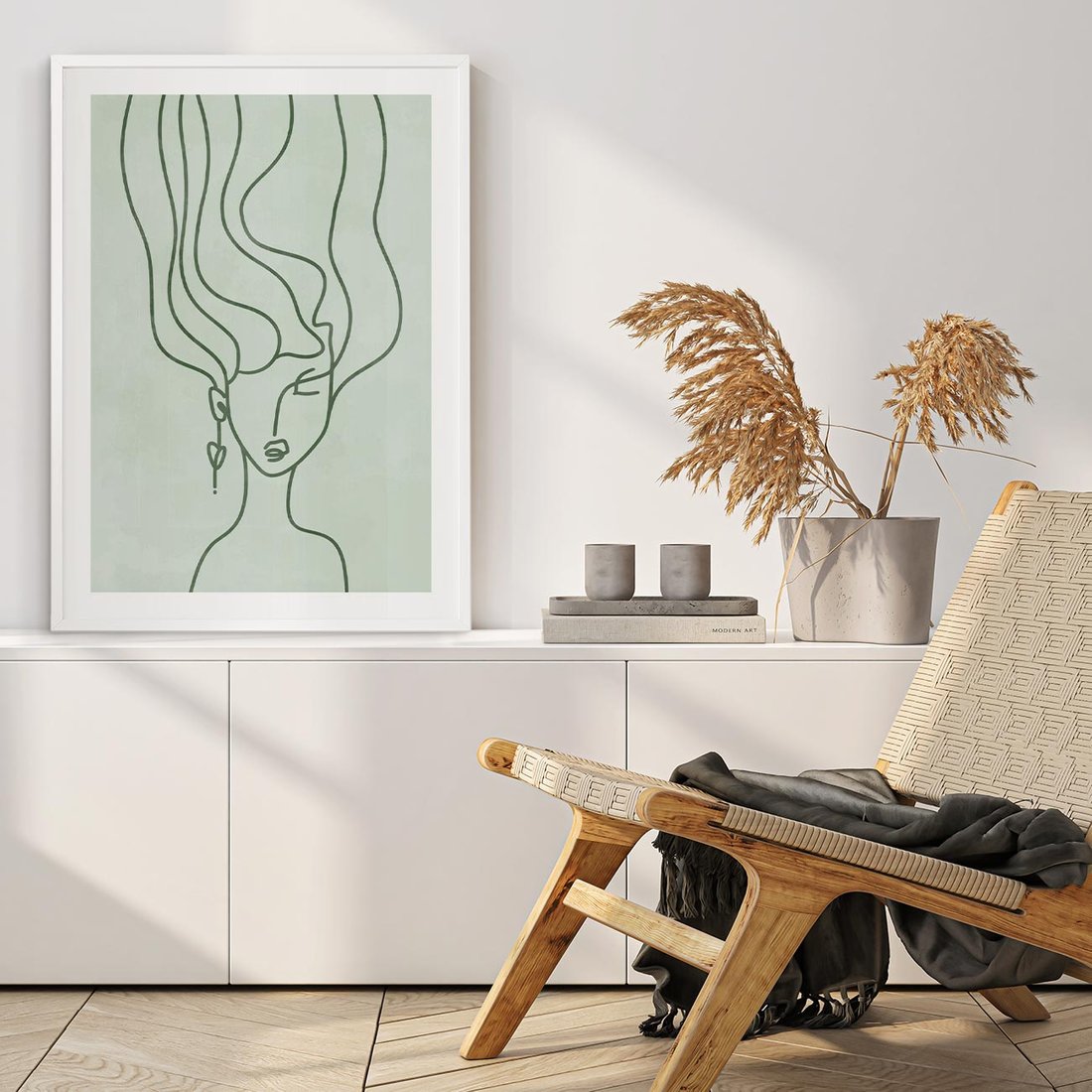 Plakat w ramie 30x40 - Spokojne Objęcia Natury - abstrakcja, zielony szkic - rama biała