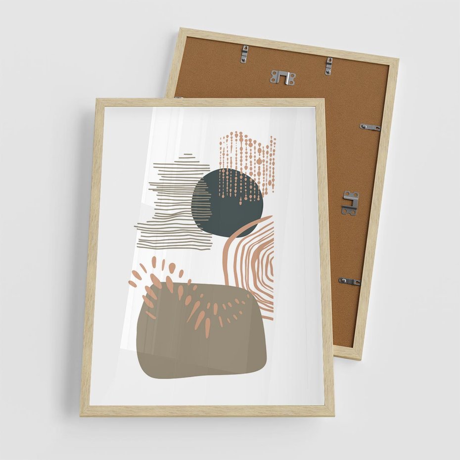 Plakat w ramie 50x70 - Taniec Plam - abstrakcyjna kompozycja z kropek kresek i kółek, odcienie brązu i beżu - rama drewno