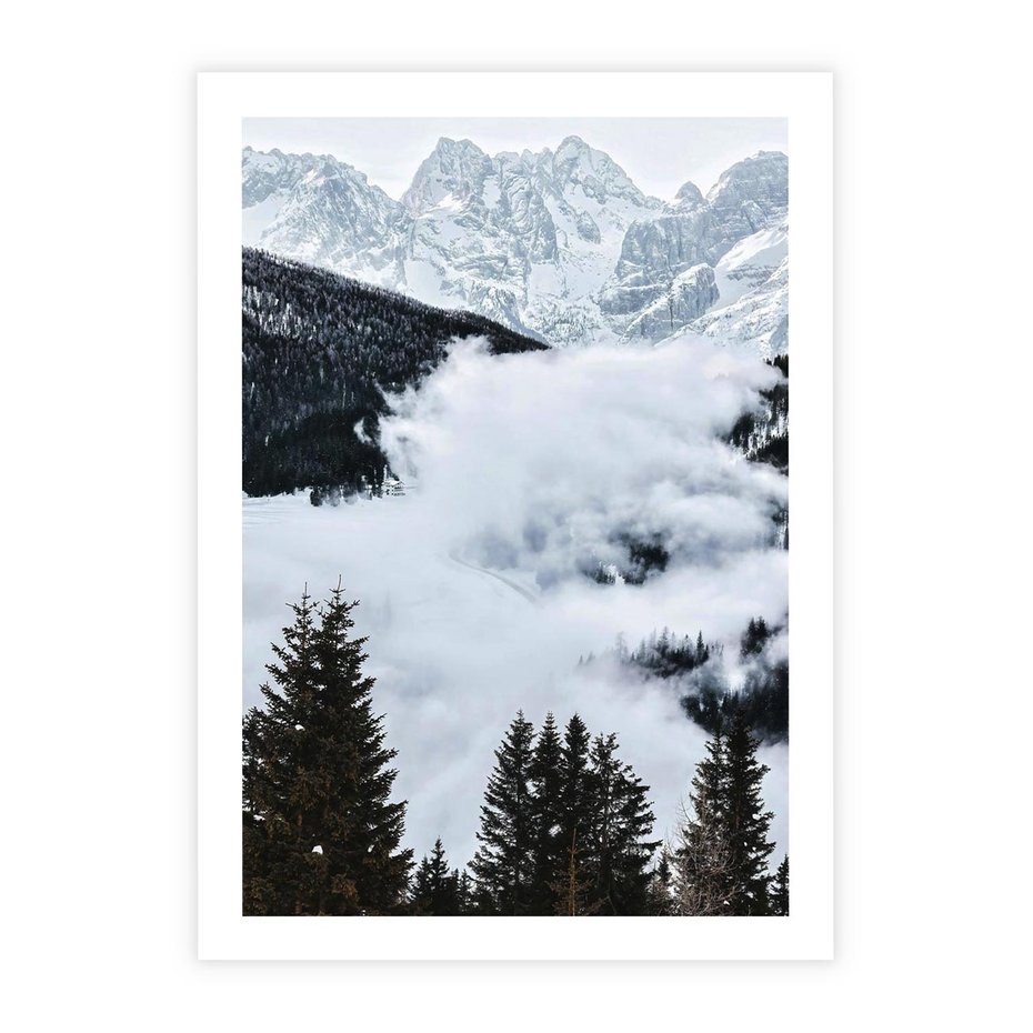 Plakat bez ramy 50x70 - Zimowa Magia Gór: Śnieżne Szczyty - grajobraz górski, zima