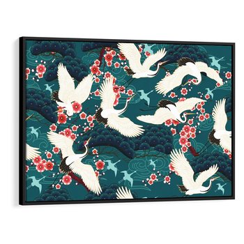 Obraz w ramie 70x50 - Żurawie Wachlarze - orientalne japońskie żurawie, grafika - rama czarna