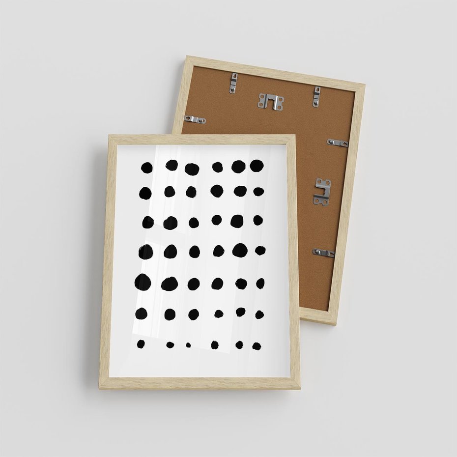 Plakat w ramie 30x40 - Migocące Anomalie - abstrakcyjna kompozycja z czarnych kropek, minimalistyczny czarno bialy plakat - rama drewno