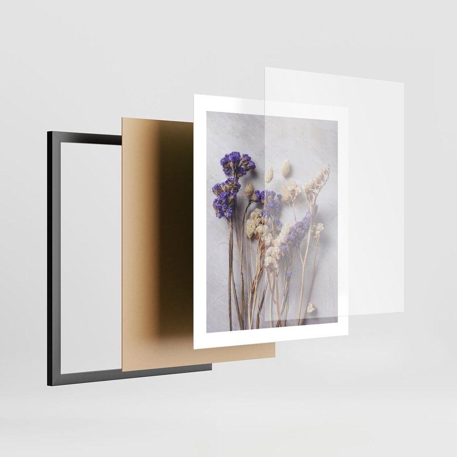 Plakat w ramie 40x50 - Błękitno-Biała Harmonia - suszone kwiaty, błekitne - rama czarna