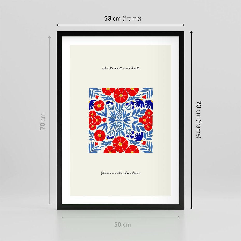 Plakat w ramie 50x70 - Tajemnicza Droga - nowoczesna kwiatowa kompozycja, czerwony i niebieski - rama czarna