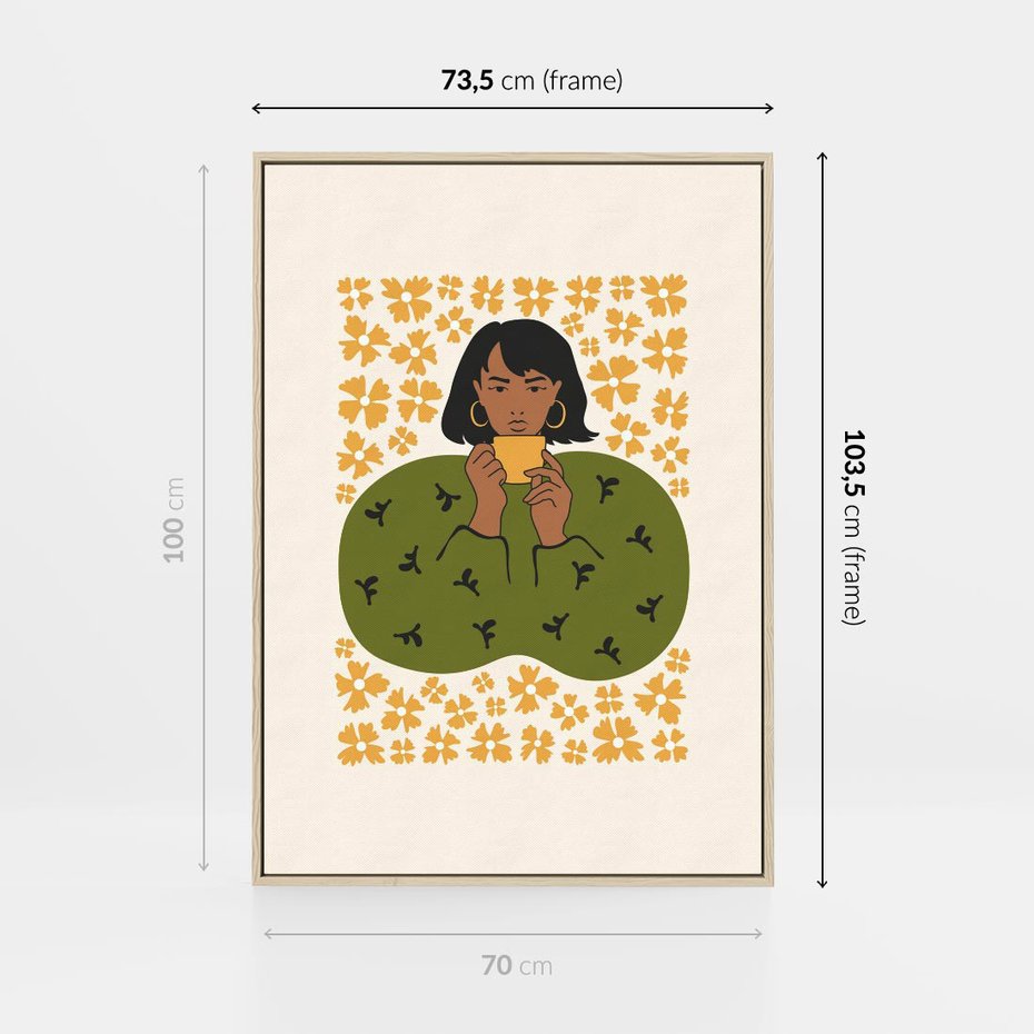 Obraz w ramie 70x100 - Wewnętrzne Fale - nowoczesny plakat, kobieta otoczona liśćmi - rama drewno