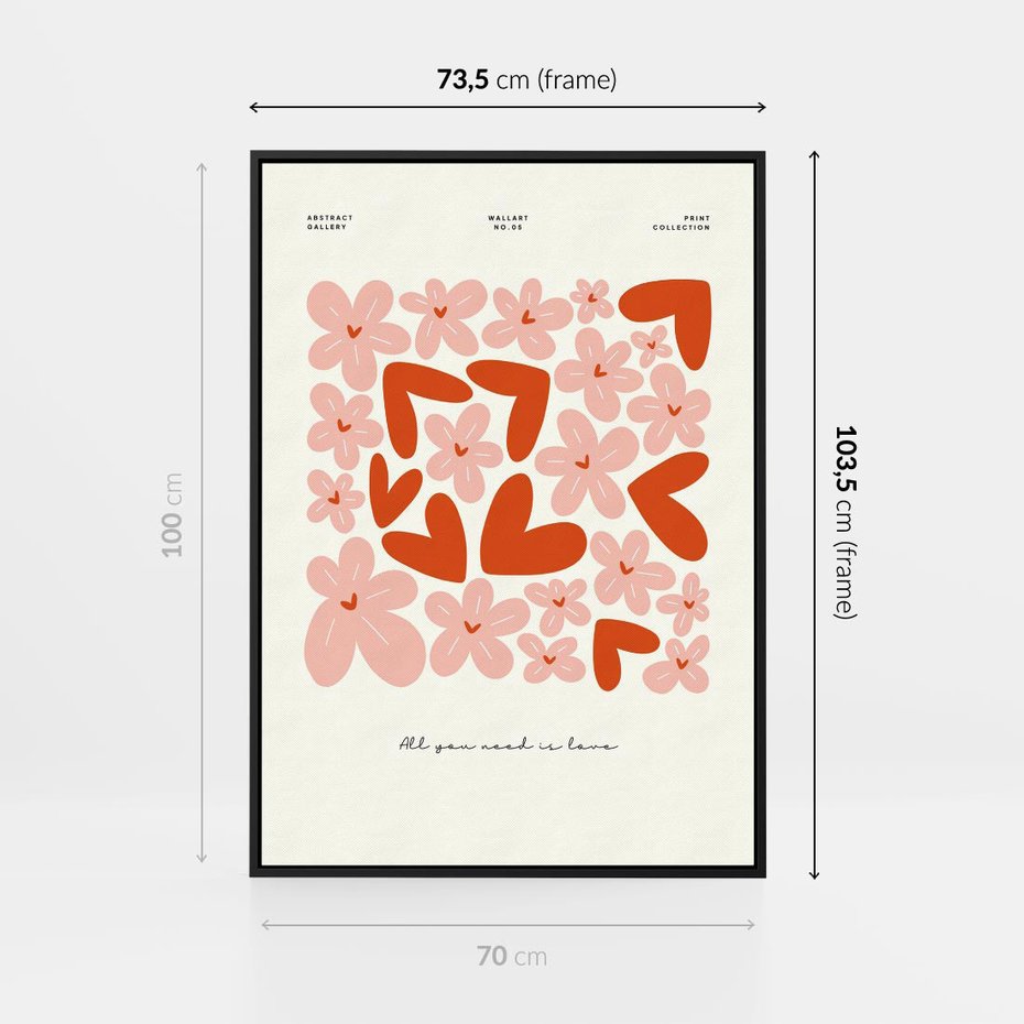 Obraz w ramie 70x100 - Miłość w Kompozycji - grafika, kompozycja kwiaty i serca - rama czarna