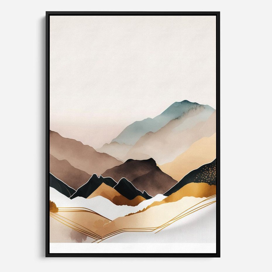 Obraz w ramie 50x70 - Góry Tonące w Pastelach - złote pastelowe góry, akwarela - rama czarna